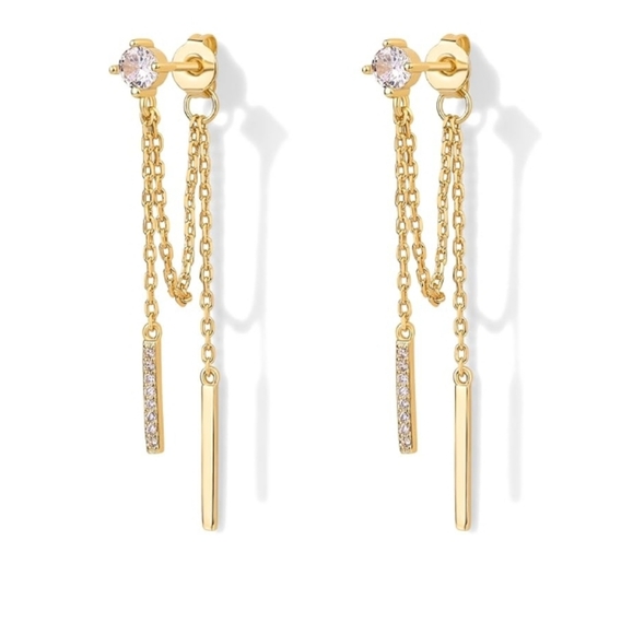 18K Gold Plated Sterling Silver Posts Drop Dangle Chain CZ Earrings - Picture 1 of 6